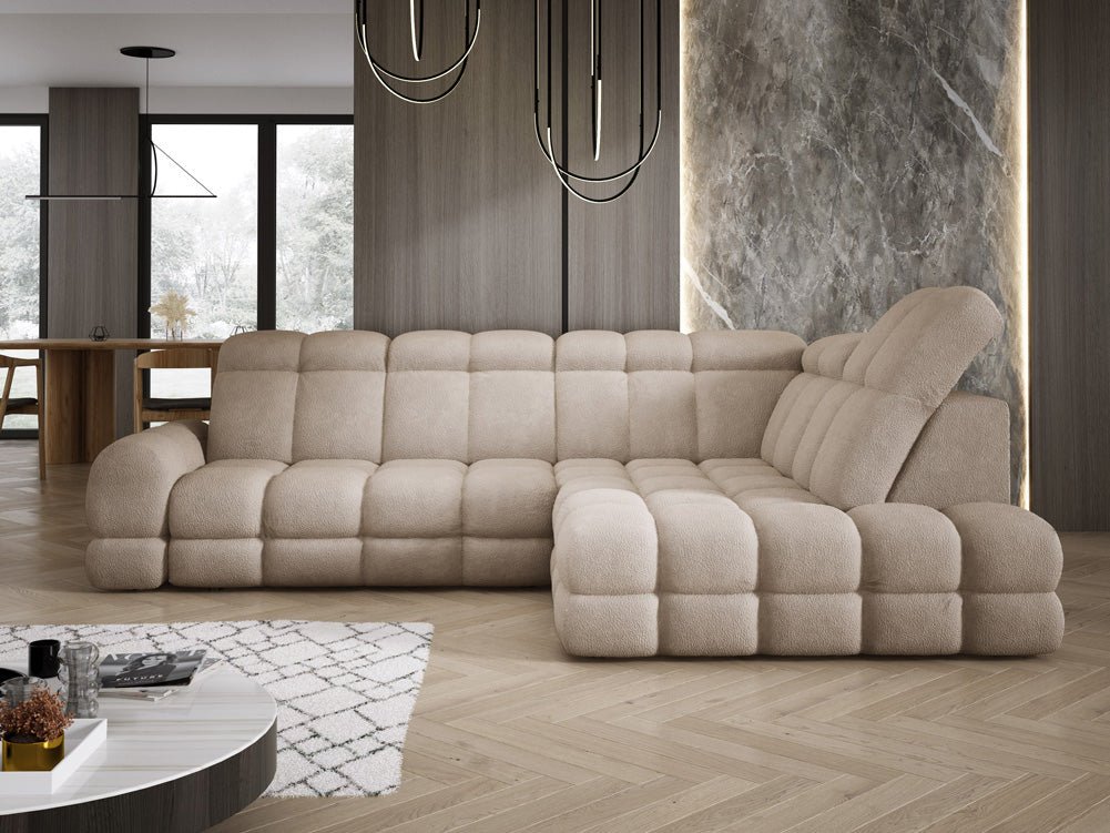 Designer Sofa Lima L with electric sleeping function in bouclé