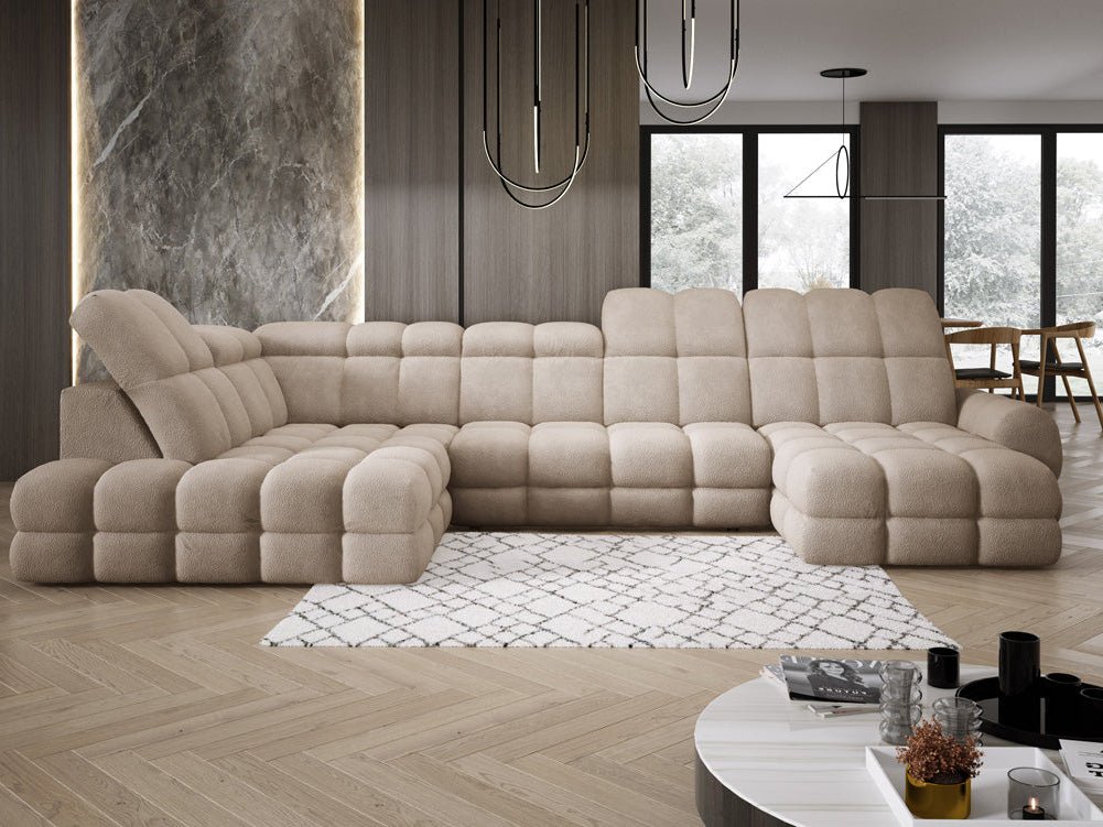 Designer Sofa Lima U with electric sleeping function in bouclé