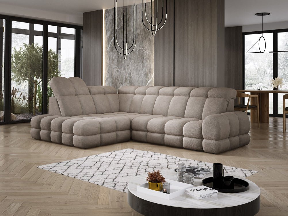 Designer Sofa Lima L with electric sleeping function in bouclé
