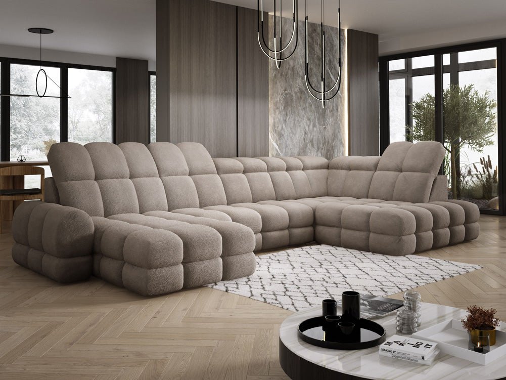 Designer Sofa Lima U with electric sleeping function in bouclé