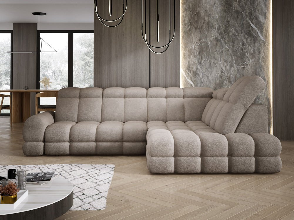Designer Sofa Lima L with electric sleeping function in bouclé