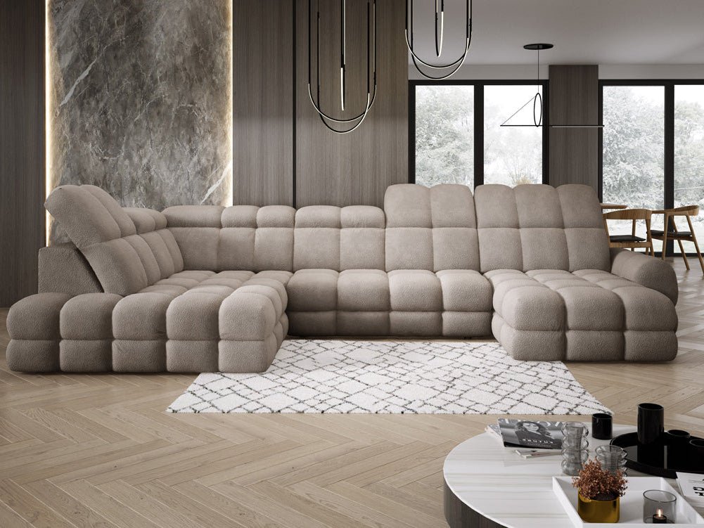 Designer Sofa Lima U with electric sleeping function in bouclé