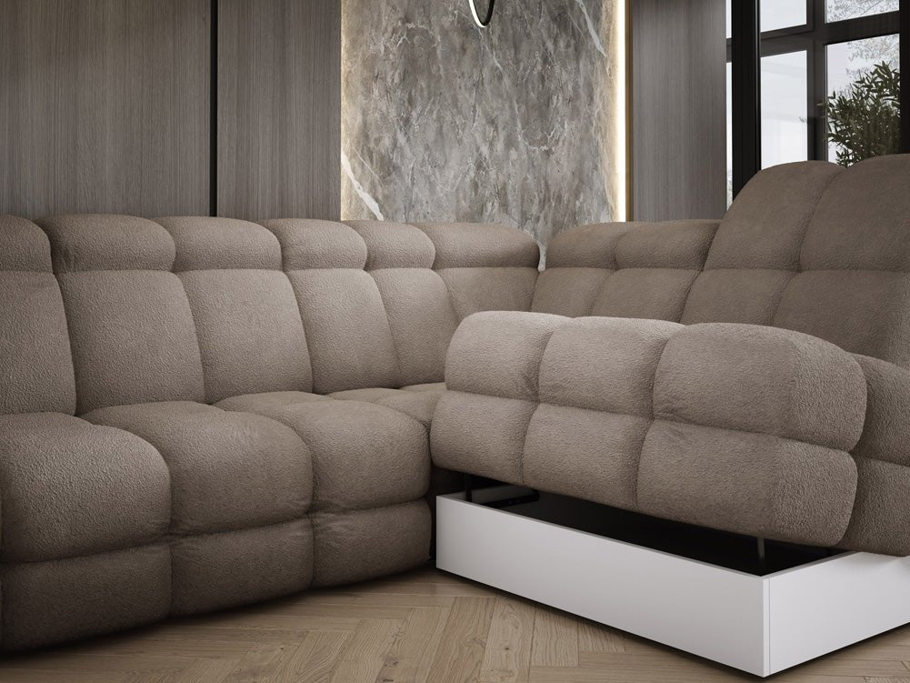 Designer Sofa Lima L with electric sleeping function in bouclé