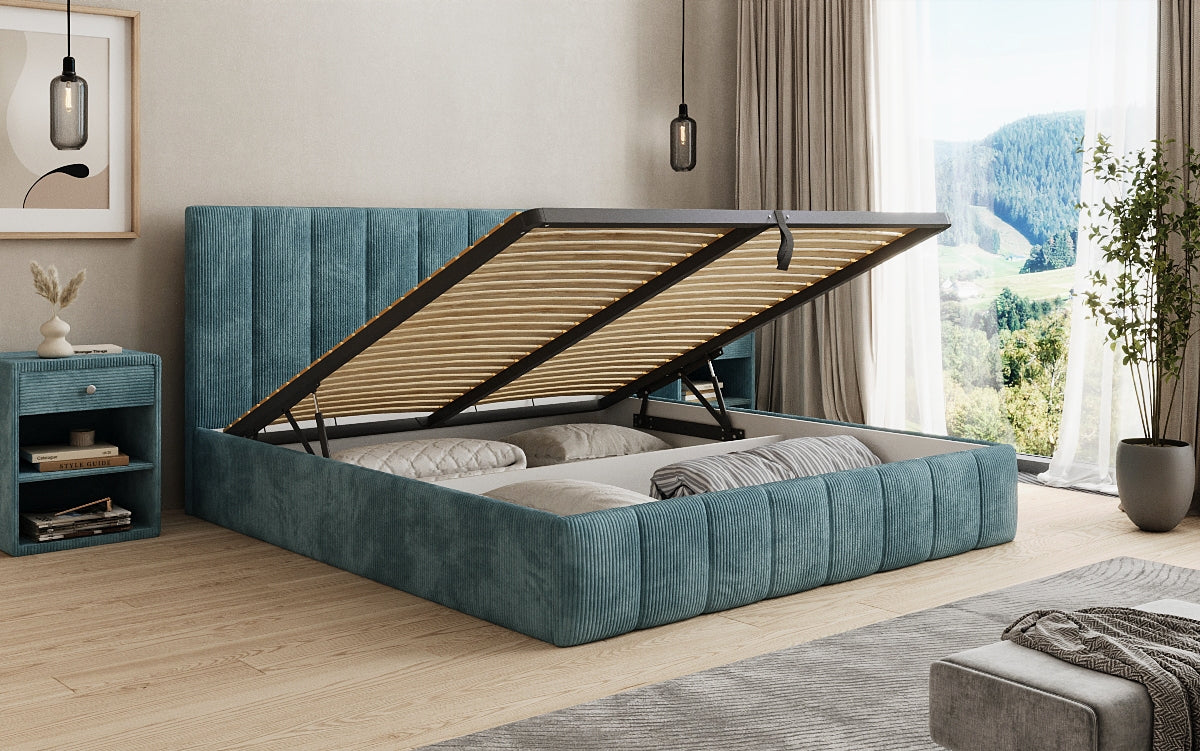 Designer Polsterbett Mila in Cord mit Stauraum