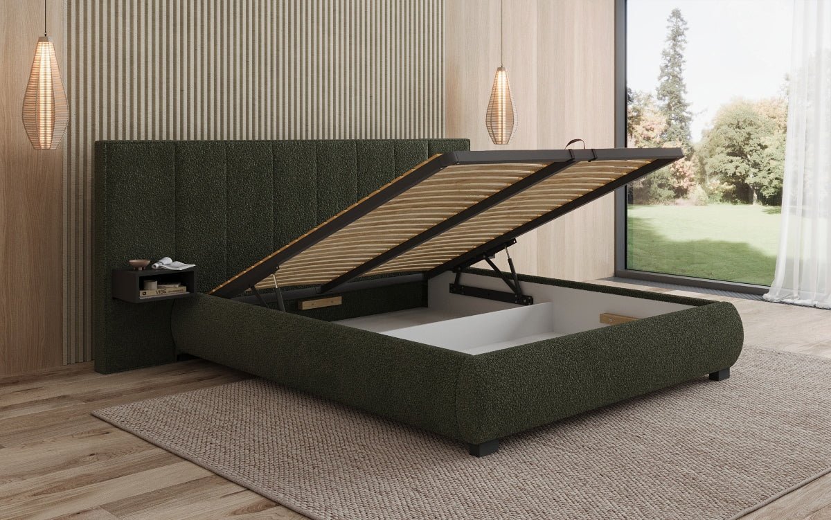 Designer Polsterbett Elvara aus Bouclé mat Stauraum