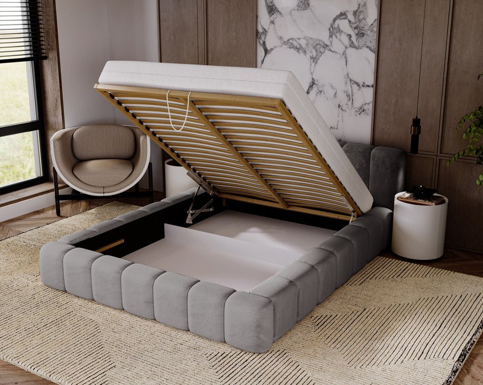 Designer Polsterbett Raphael aus Samt mat Stauraum