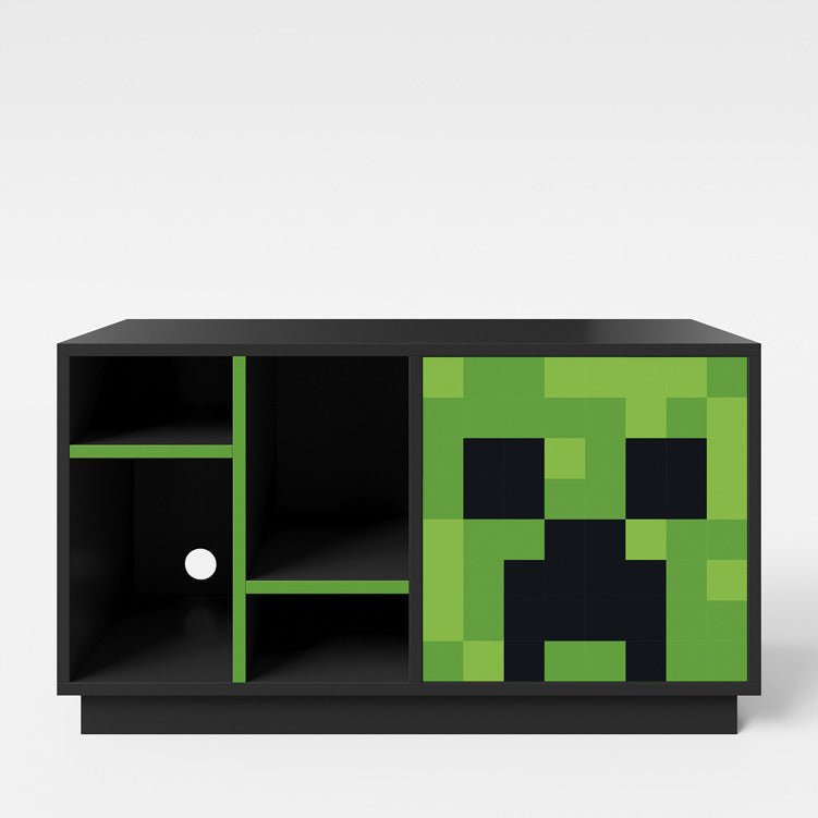 Minecraft TV-Lowboard „CreeperCube“ – mat Push-Open Dier & oppene Fächer