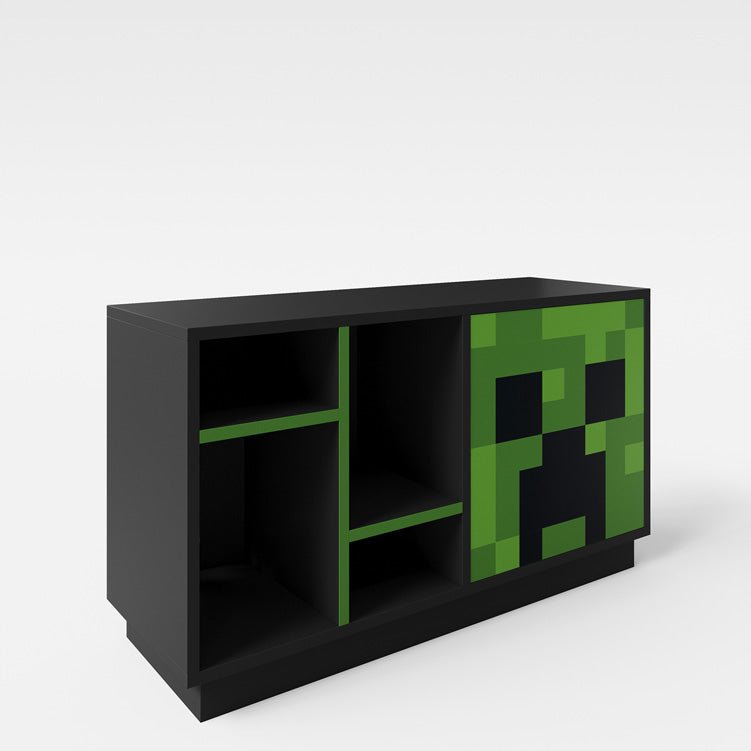 Minecraft TV-Lowboard „CreeperCube“ – mat Push-Open Dier & oppene Fächer