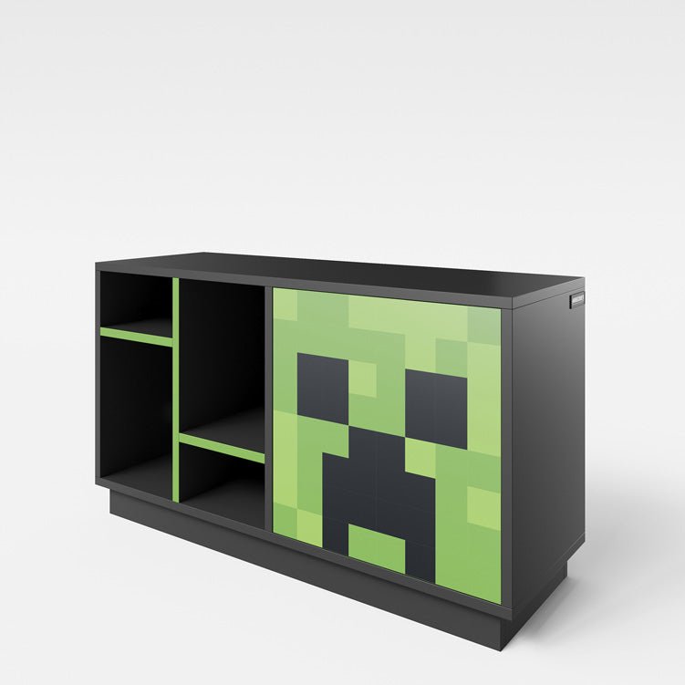Minecraft TV-Lowboard „CreeperCube“ – mat Push-Open Dier & oppene Fächer