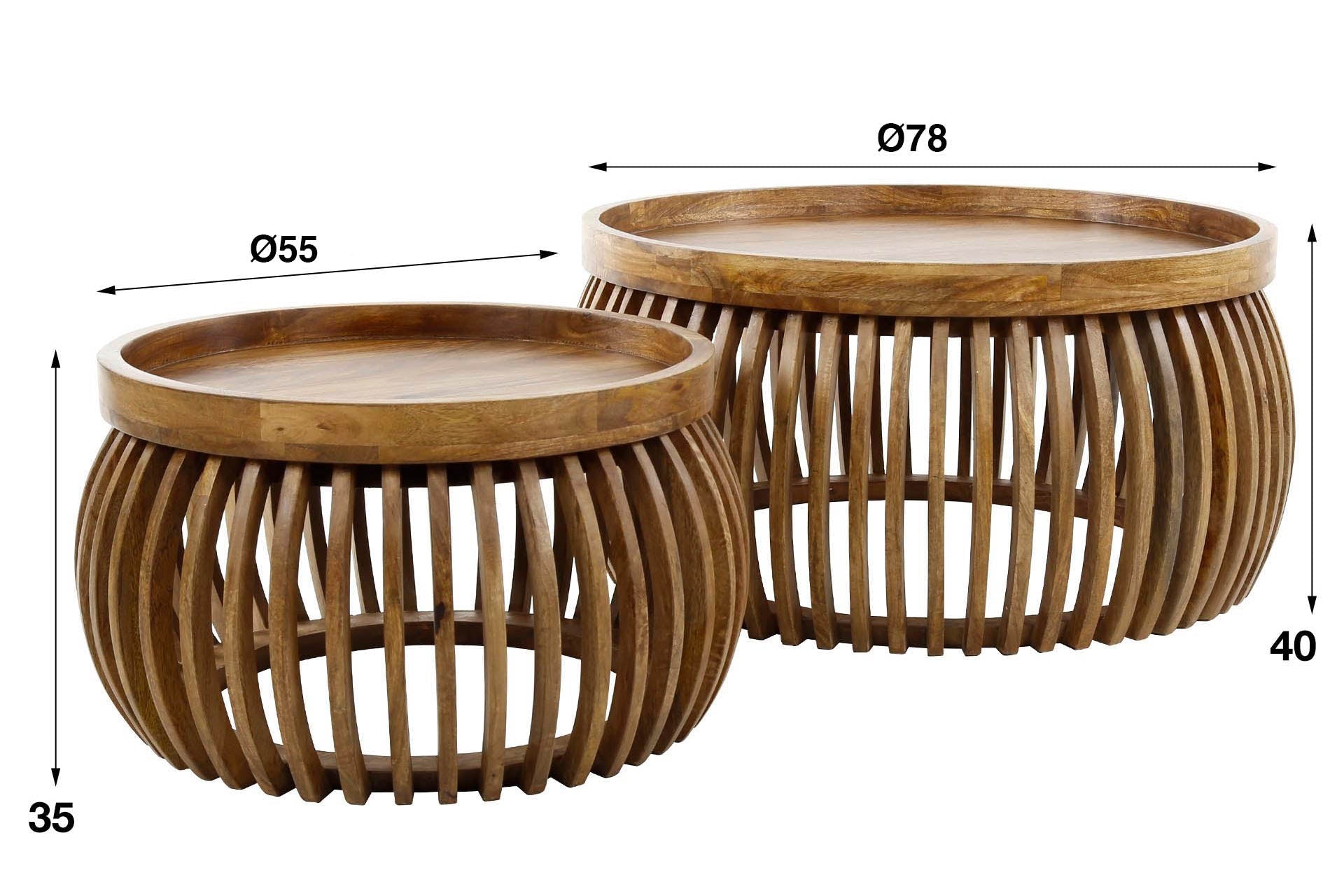 Couchtisch Khamar - 2er Set aus Mangoholz mit bauchigem Sockel