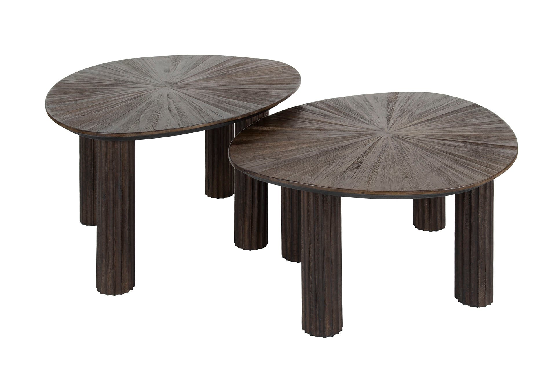 Couchtisch Soluma - 2er Set aus héichwäertegem Teakholz am Dräieck-Design