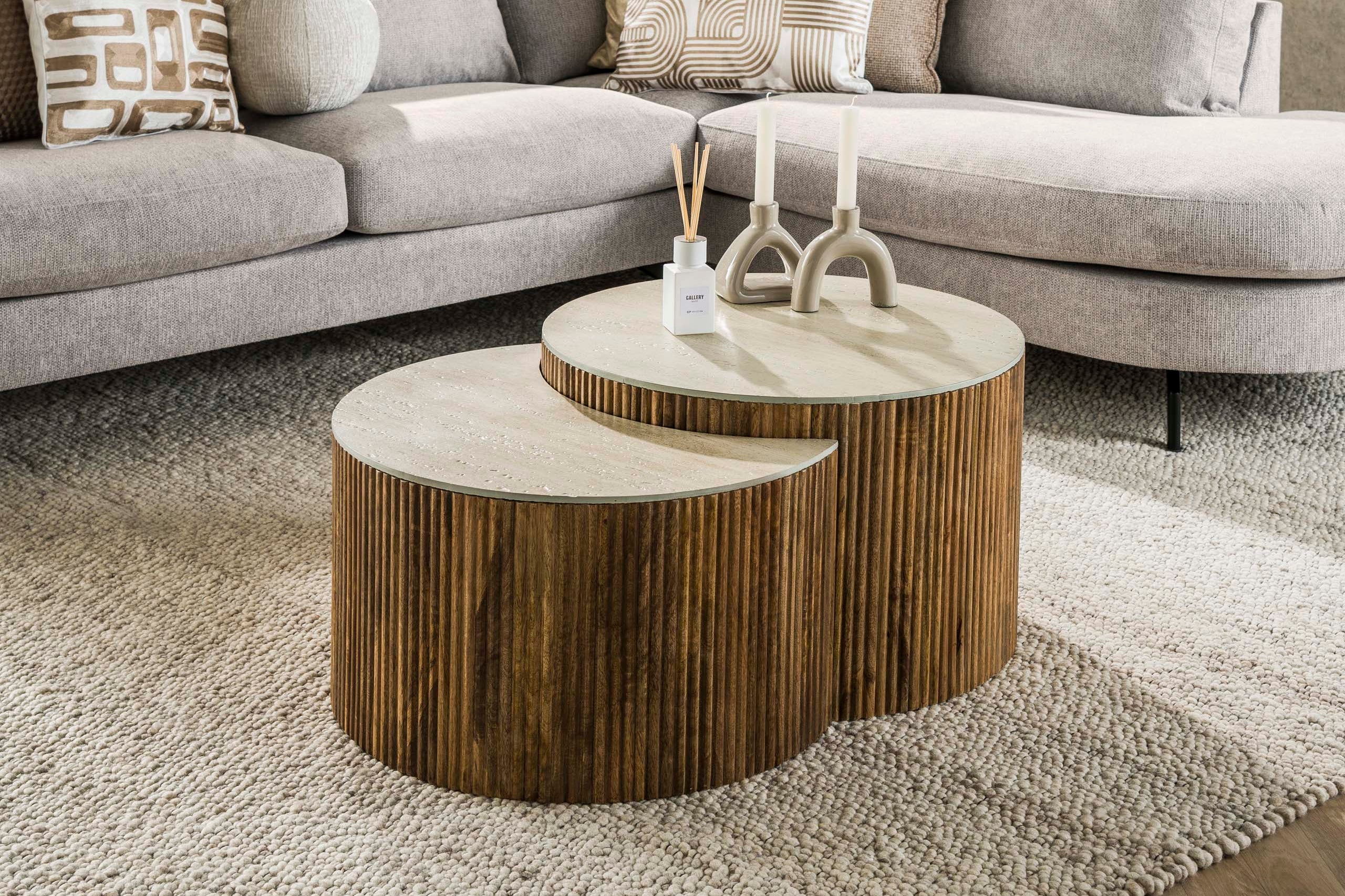 Couchtisch Oruva - 2er Set aus Mangoholz mit Keramik-Tischplatte