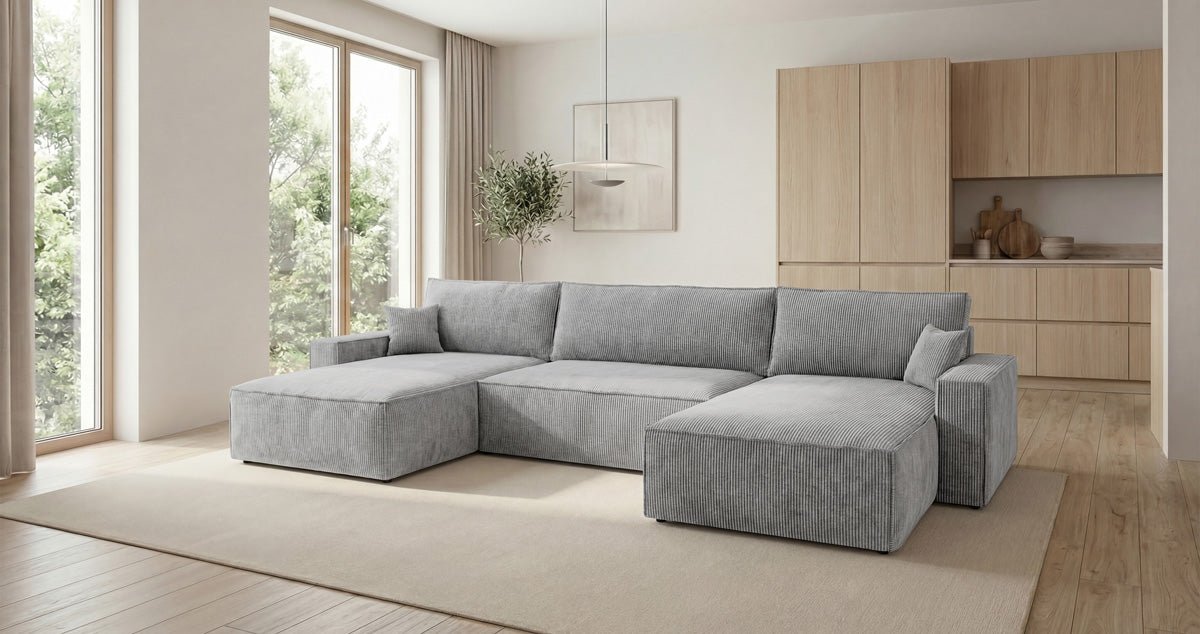 Designer-Sofa Vienna U mat Schloffunktioun a Staueraum a Cord