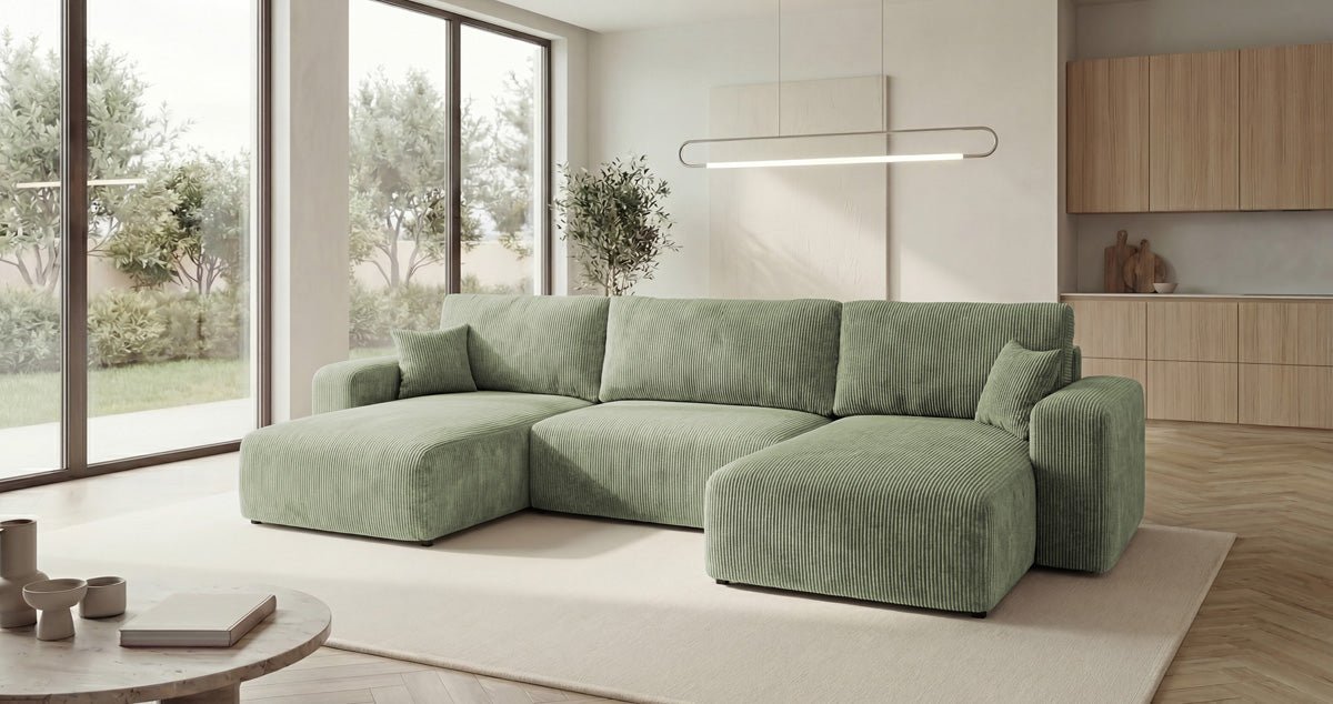 Designer-Sofa Noma U mat Schloffunktioun a Stauraum aus Cord