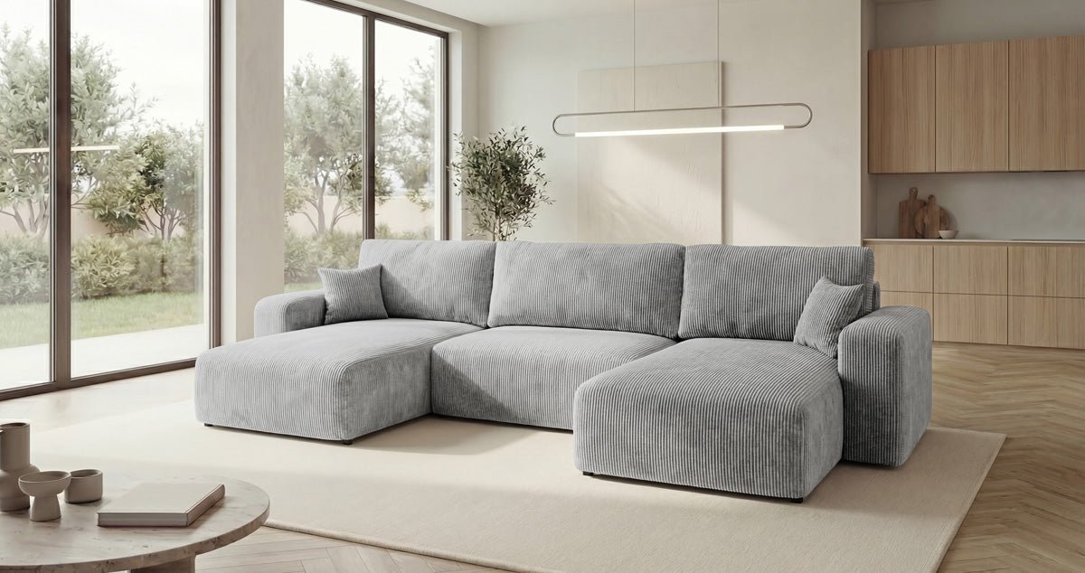 Designer-Sofa Noma U mat Schloffunktioun a Stauraum aus Cord