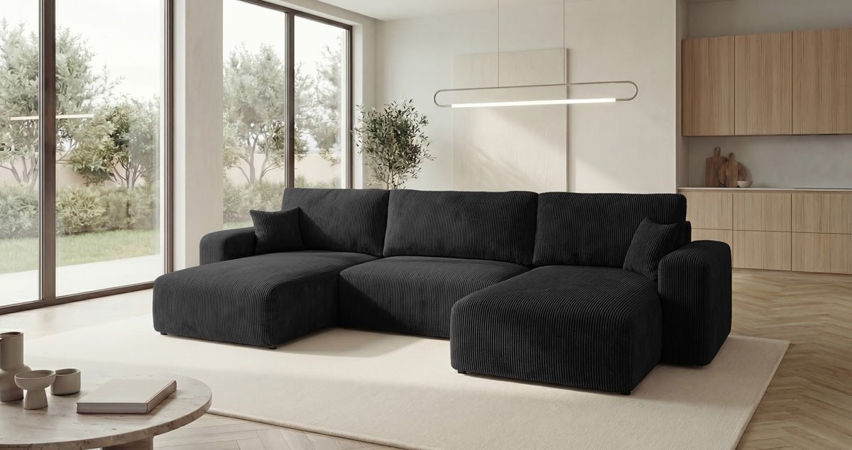 Designer-Sofa Noma U mat Schloffunktioun a Stauraum aus Cord