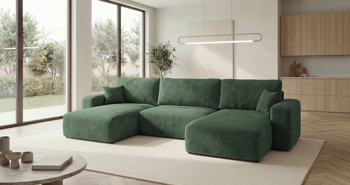 Designer-Sofa Noma U mat Schloffunktioun a Stauraum aus Cord