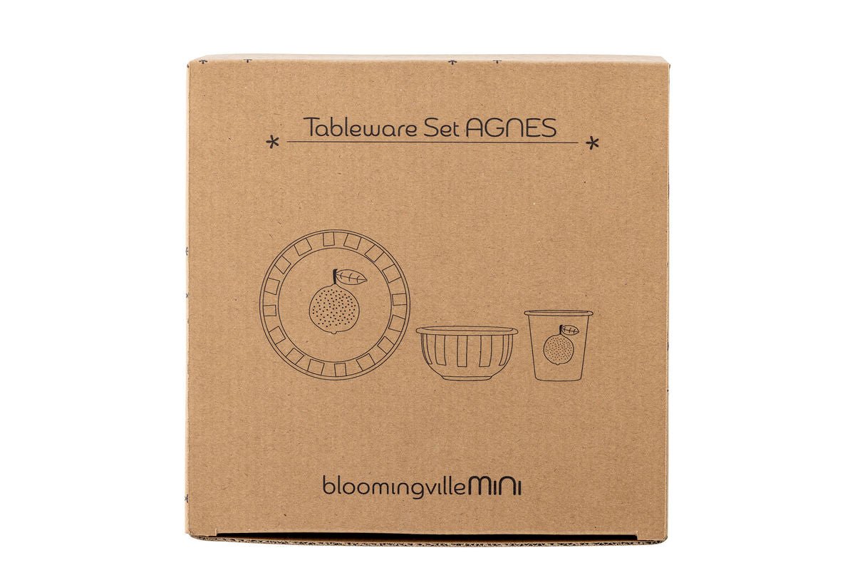 Kinder Geschirr-Set Anni – 3-teilig in Weiß mit Orangen & Streifen