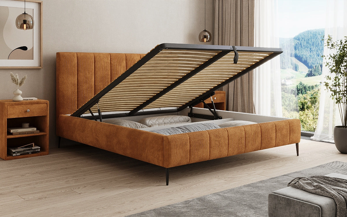 Designer Polsterbett Astrid in Cord mit Stauraum