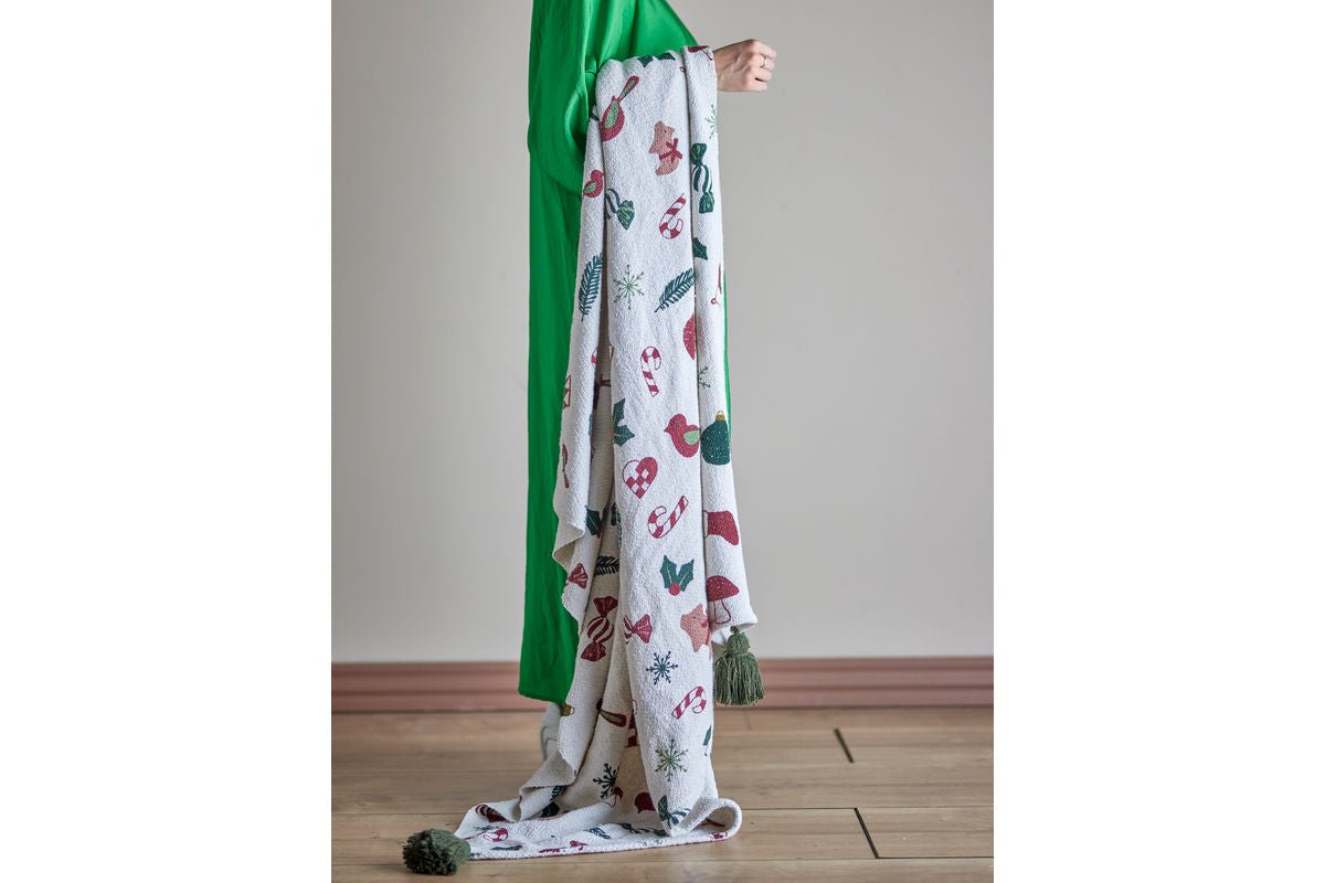 Iwwerdeck Aila - Natur/Grom, aus recycléierter Baumwoll, mat Chrëschtdekoratiounen