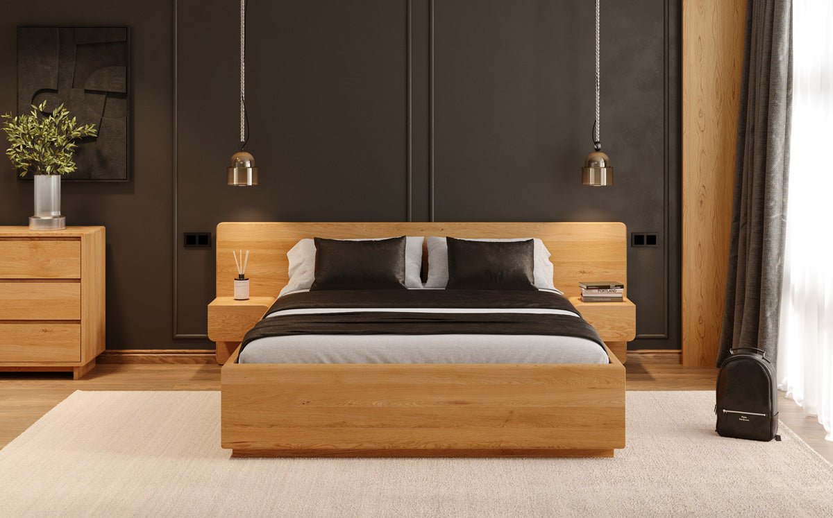 Designer-Bett Fiona aus massivem Eechenholz mat Späicherplaz