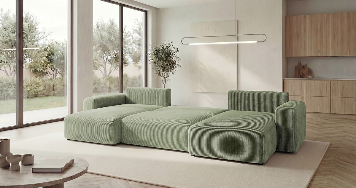 Designer-Sofa Noma U mat Schloffunktioun a Stauraum aus Cord
