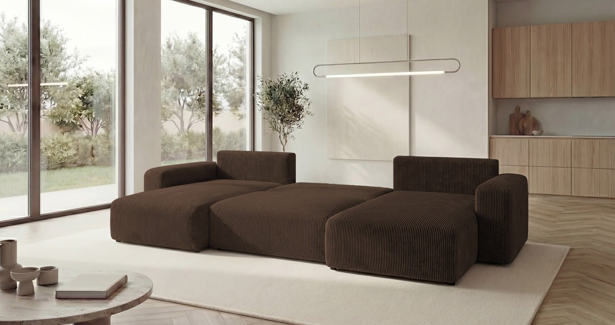 Designer-Sofa Noma U mat Schloffunktioun a Stauraum aus Cord