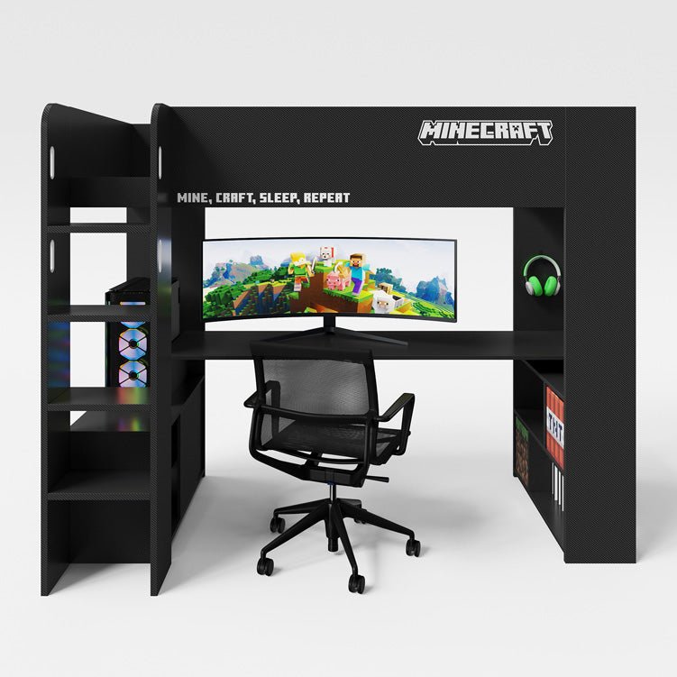 Minecraft Gaming-Hochbett „BaseCamp“ mat Schreifdësch & Regal