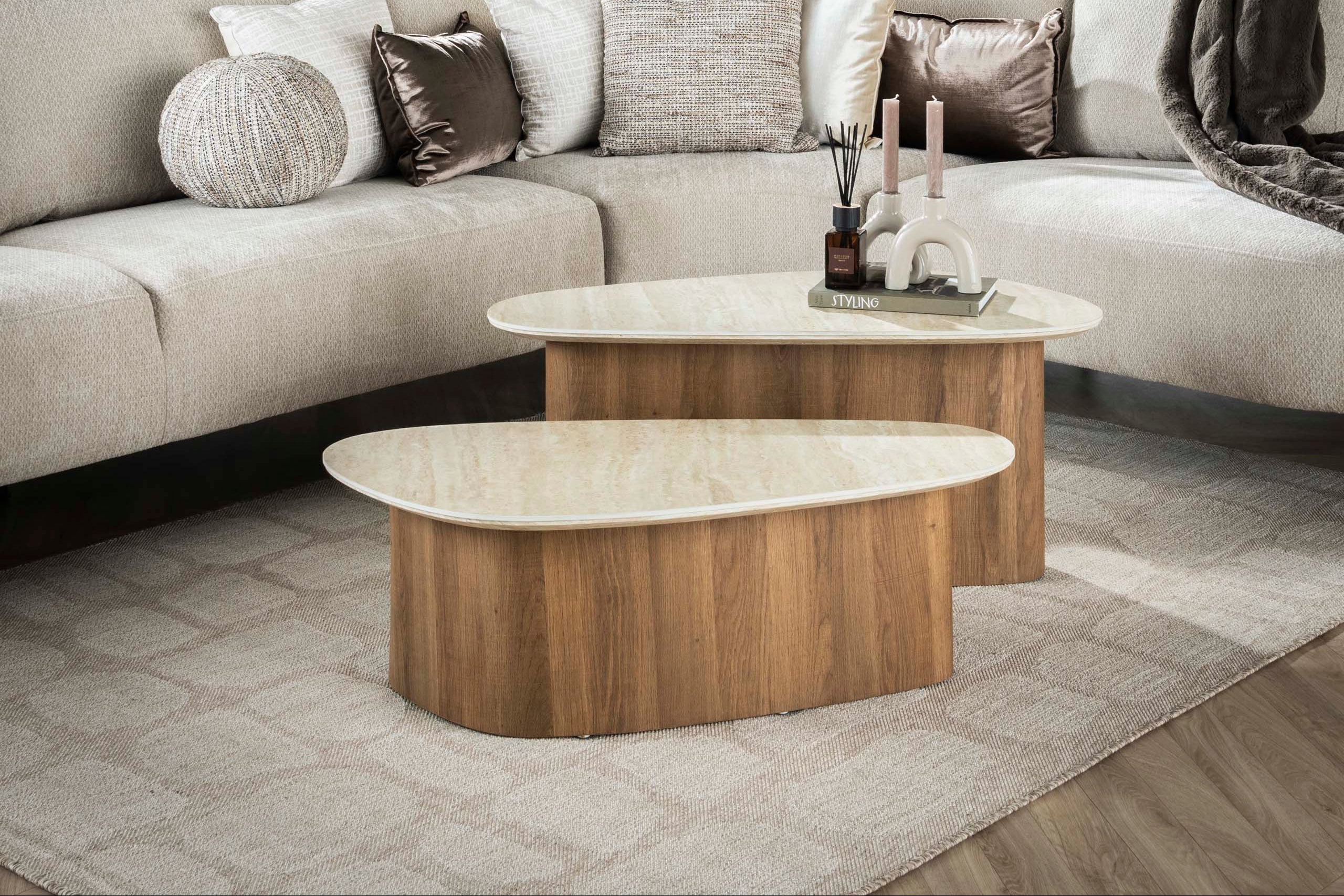 Couchtisch Sorelia - 2er Set mat Keramikplack an Travertin-Optik an dräieckeger Form