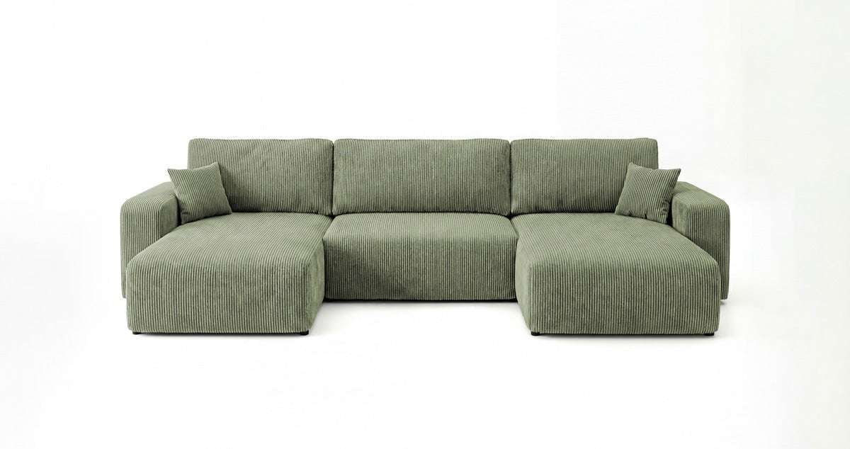 Designer-Sofa Noma U mat Schloffunktioun a Stauraum aus Cord