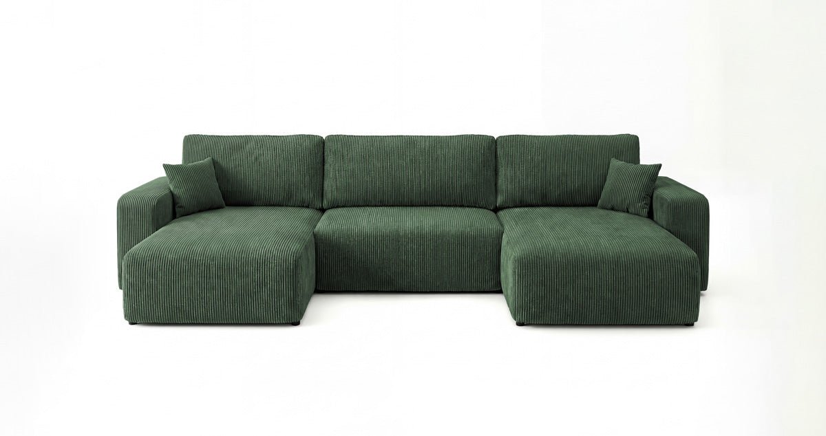Designer-Sofa Noma U mat Schloffunktioun a Stauraum aus Cord