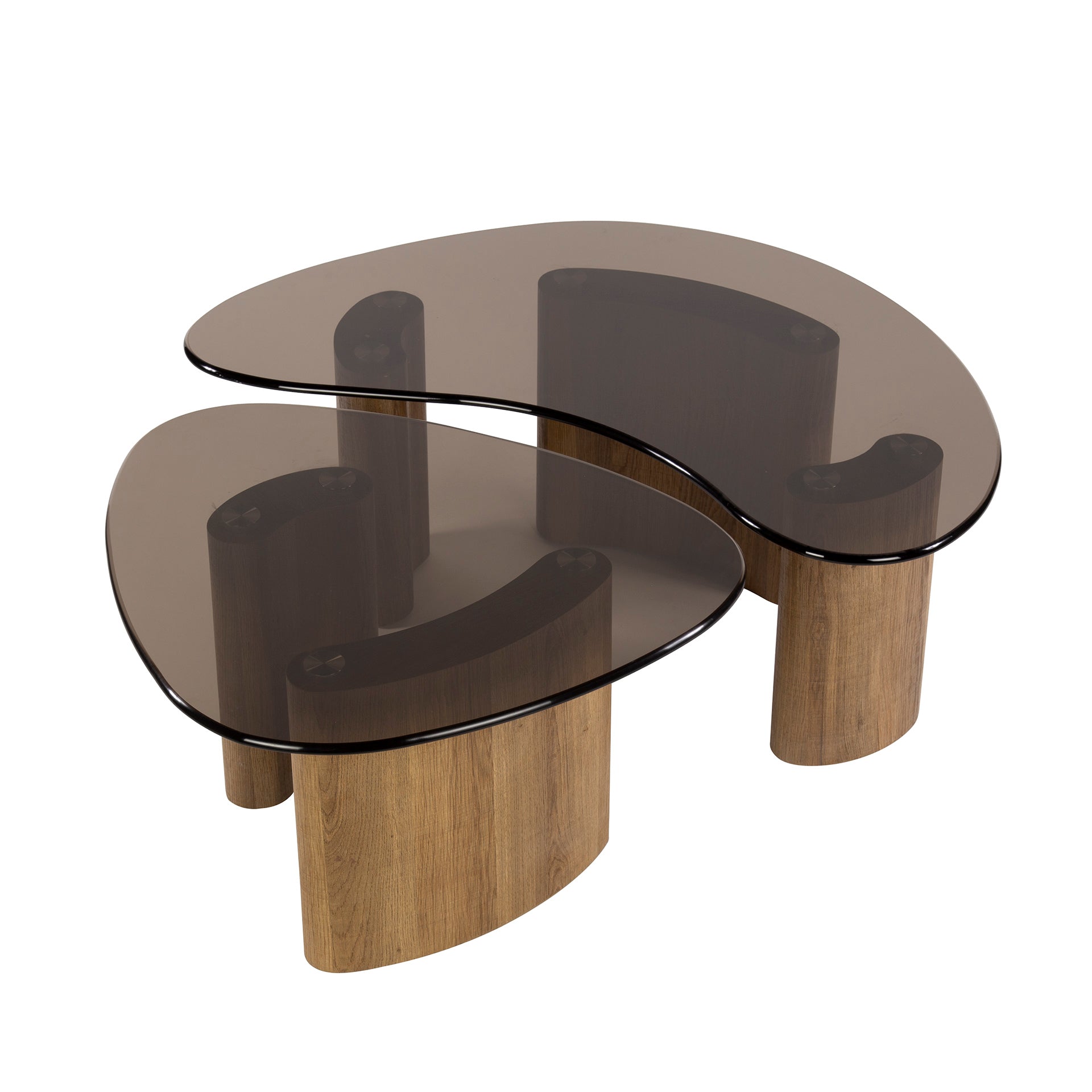 Couchtisch Aurora - 2er Set mit Tischplatte aus Rauchglas und Gestell in Eichenoptik