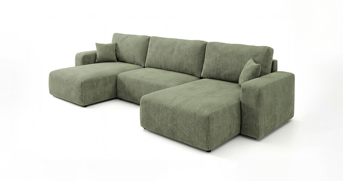 Designer-Sofa Noma U mat Schloffunktioun a Stauraum aus Cord
