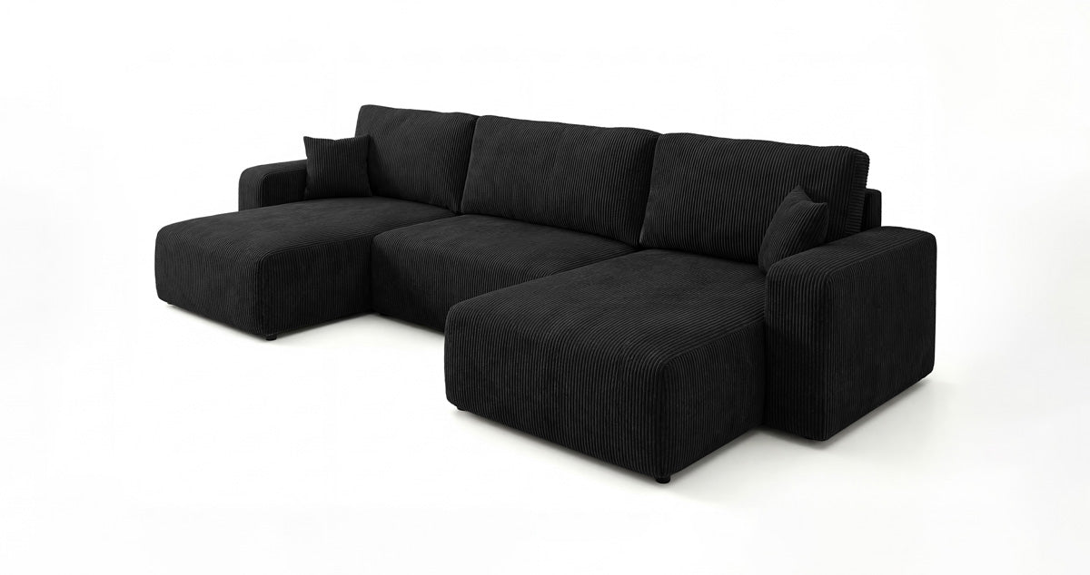 Designer-Sofa Noma U mat Schloffunktioun a Stauraum aus Cord