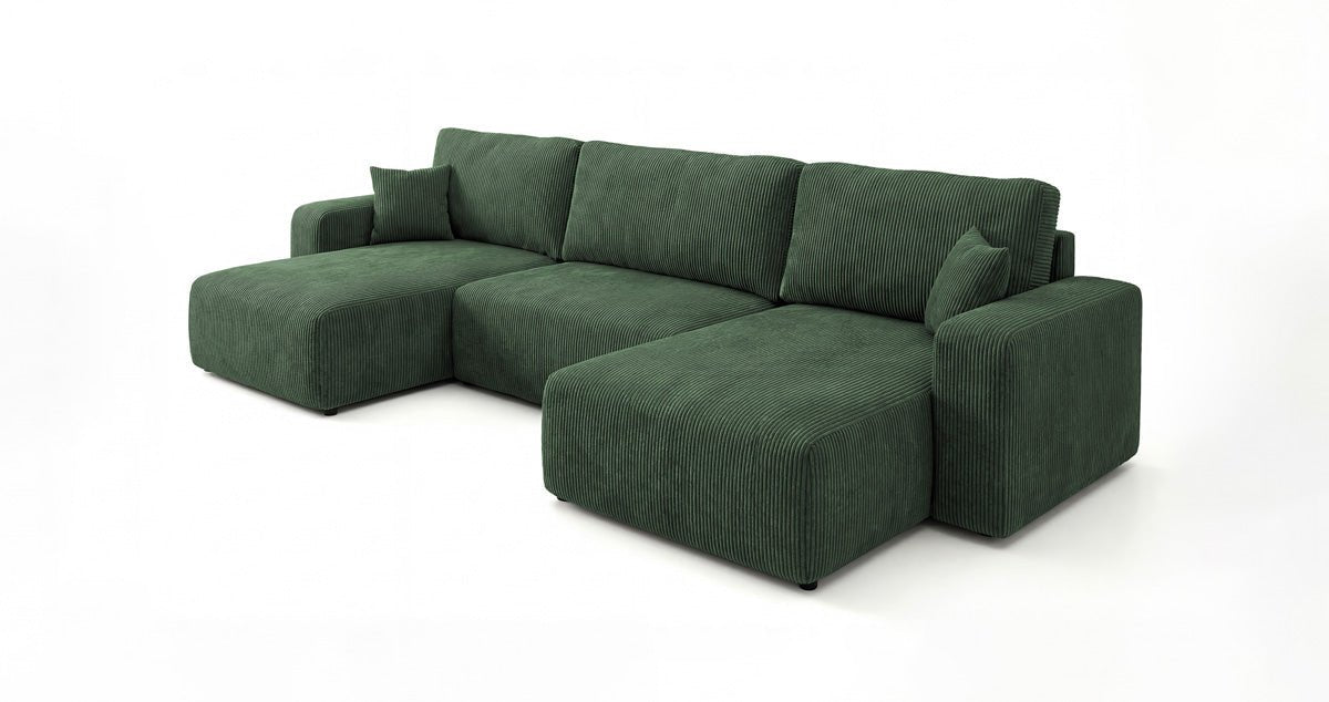 Designer-Sofa Noma U mat Schloffunktioun a Stauraum aus Cord
