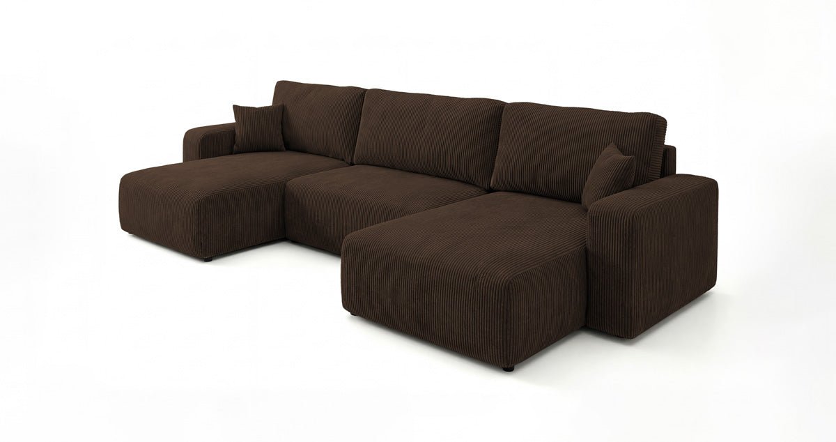 Designer-Sofa Noma U mat Schloffunktioun a Stauraum aus Cord