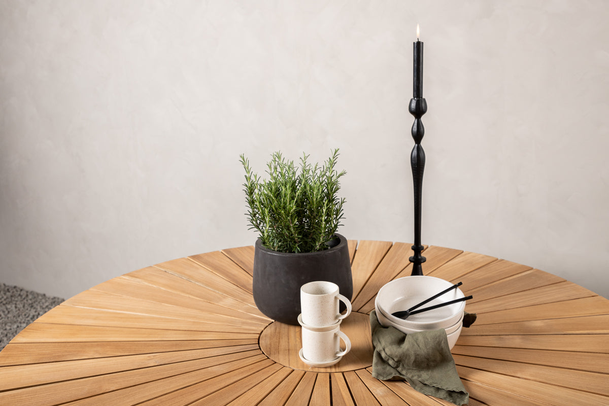 Gartentisch Mirani - en ronne Iessdësch aus Metall a Teakholz