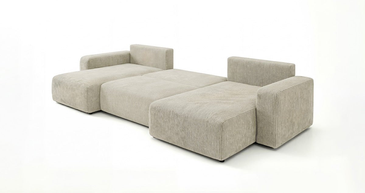 Designer-Sofa Noma U mat Schloffunktioun a Stauraum aus Cord