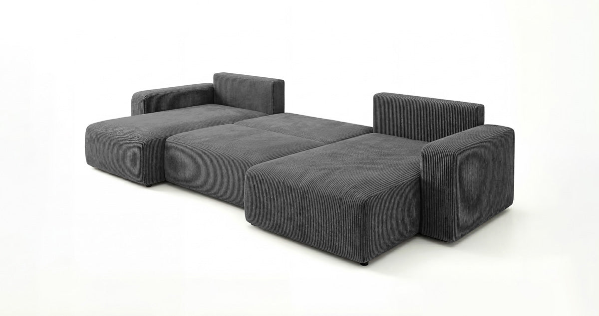 Designer-Sofa Noma U mat Schloffunktioun a Stauraum aus Cord
