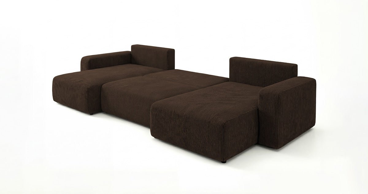 Designer-Sofa Noma U mat Schloffunktioun a Stauraum aus Cord