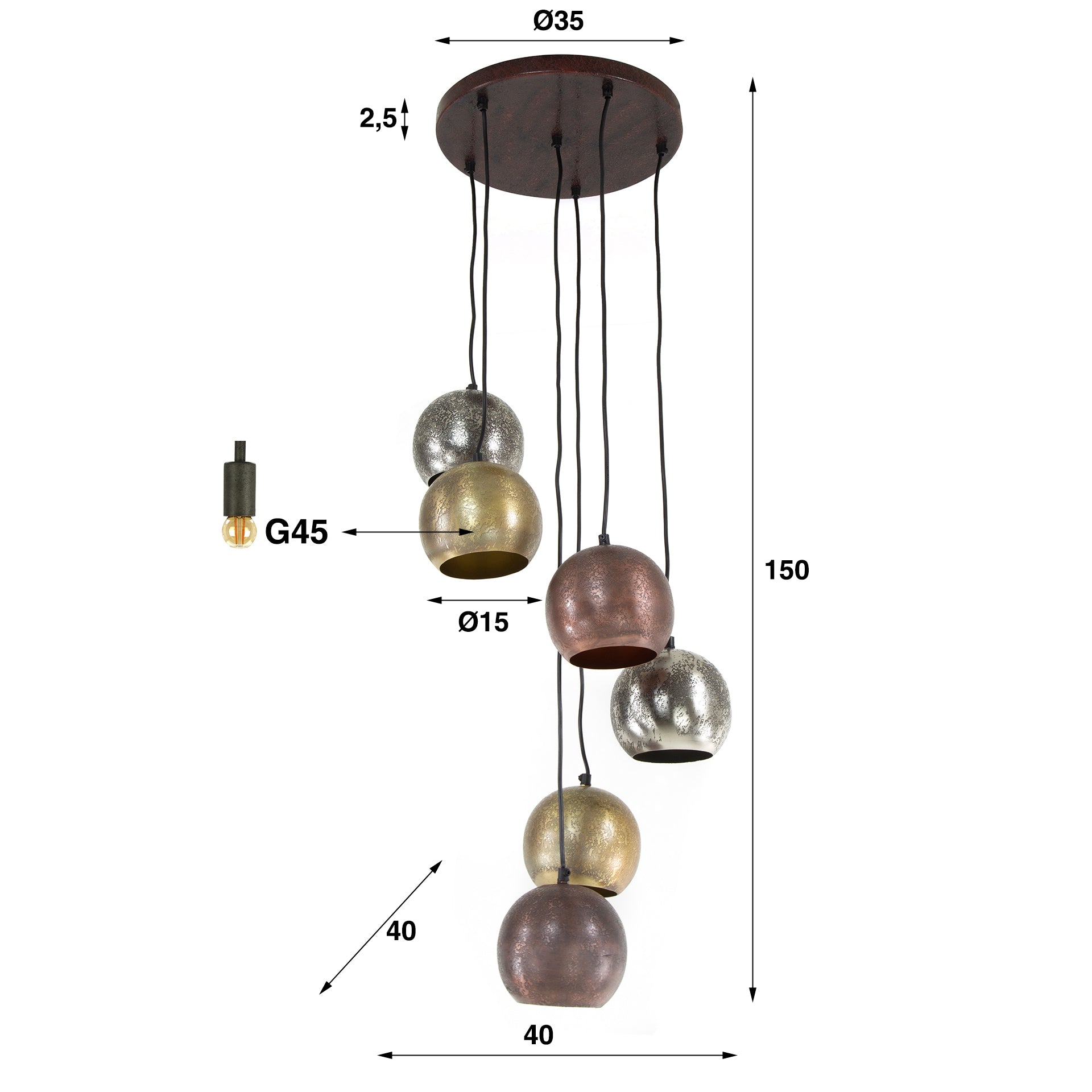 Pendelleuchte „Velluto“ – in der Metall-Farbkombination Chrom, Gold und Kupfer