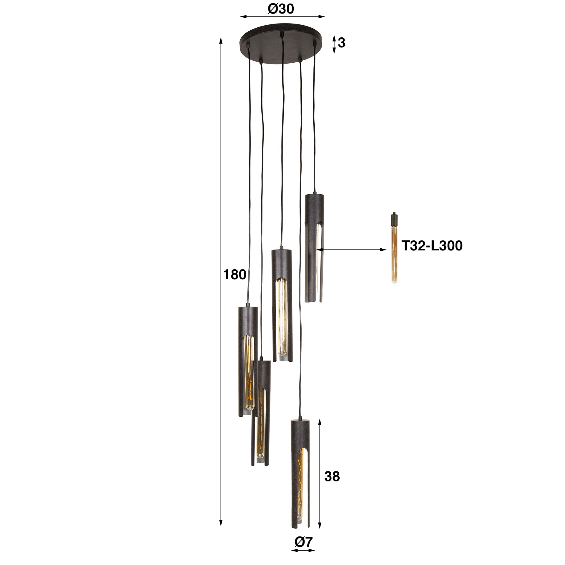 Pendelleuchte „Fenora“ – Gestuft mit 5 Leuchten in schwarzem Tube-Design