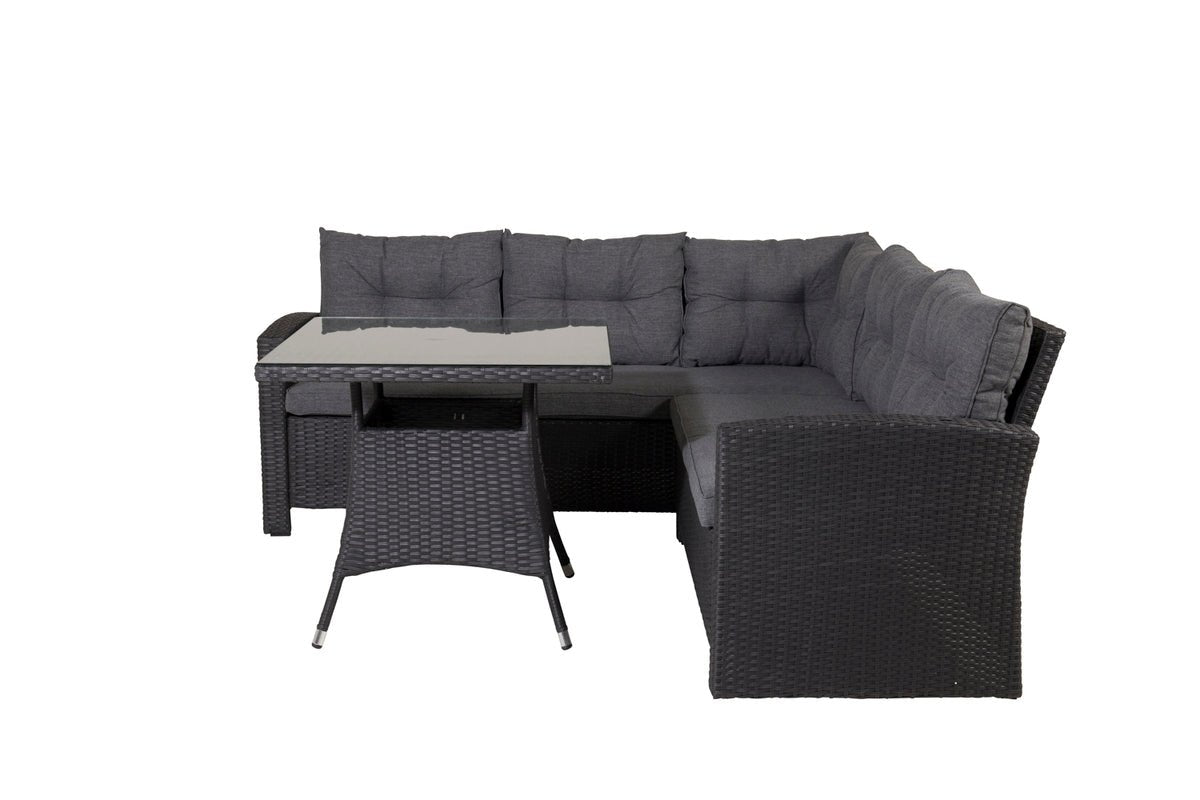 Garteloungeset Olivia – mat Ecksofa & Glas-Couchtisch a zwee Faarwen