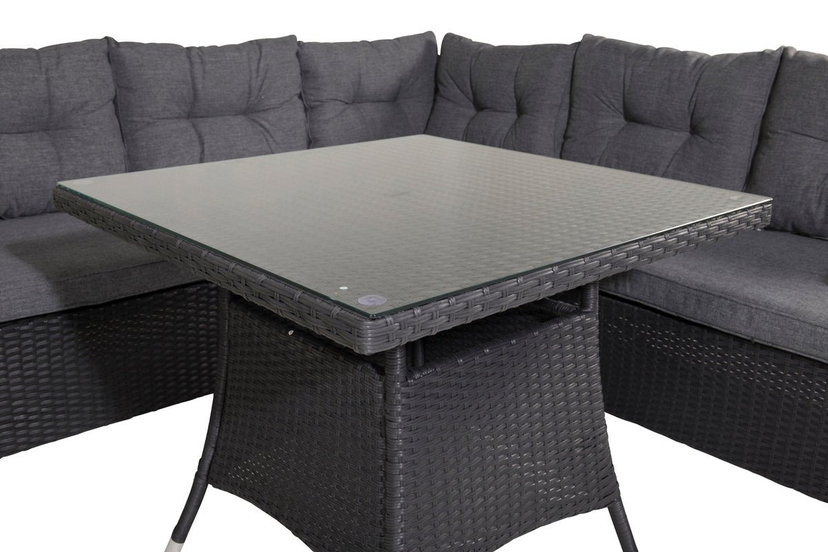 Garteloungeset Olivia – mat Ecksofa & Glas-Couchtisch a zwee Faarwen