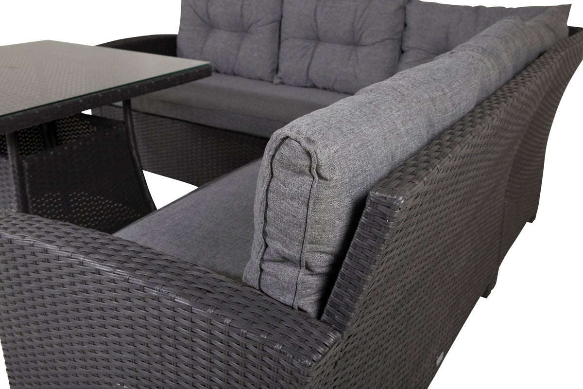 Garteloungeset Olivia – mat Ecksofa & Glas-Couchtisch a zwee Faarwen