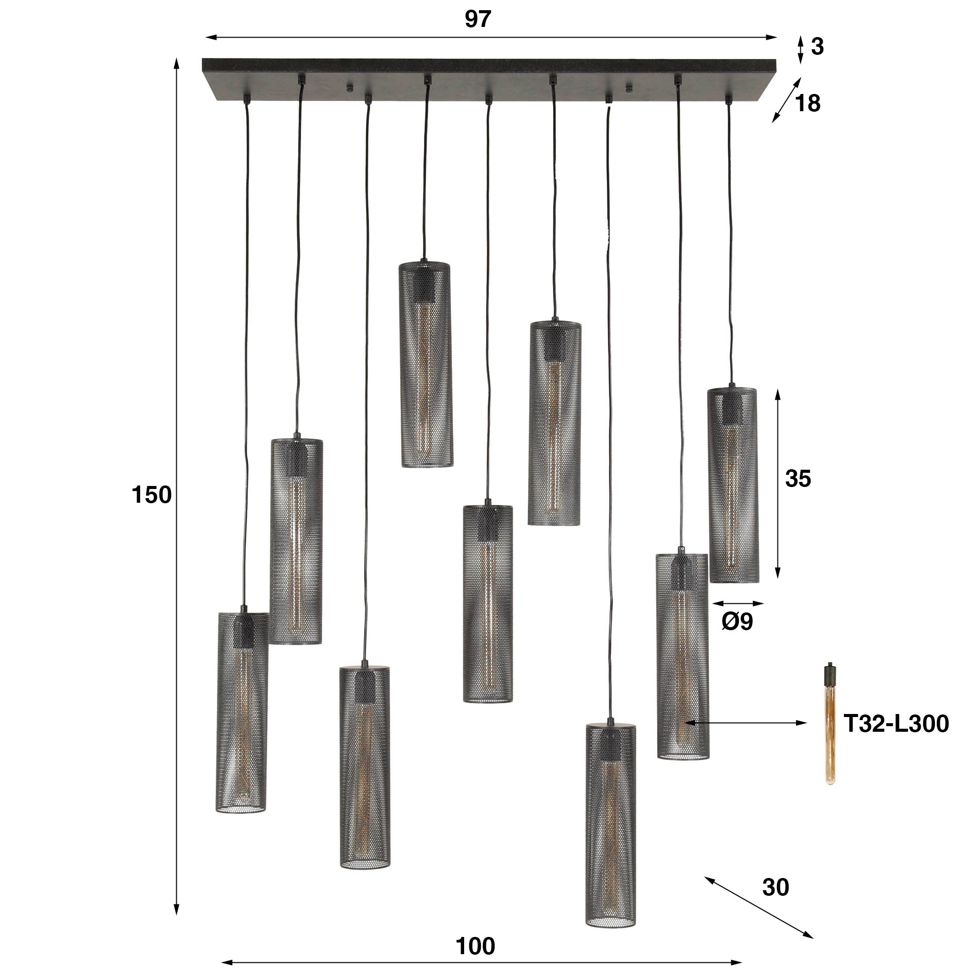 Pendelleuchte „Marcella“ – Mit 9 Leuchten in edlem, schwarzen Tube-Mesh-Design