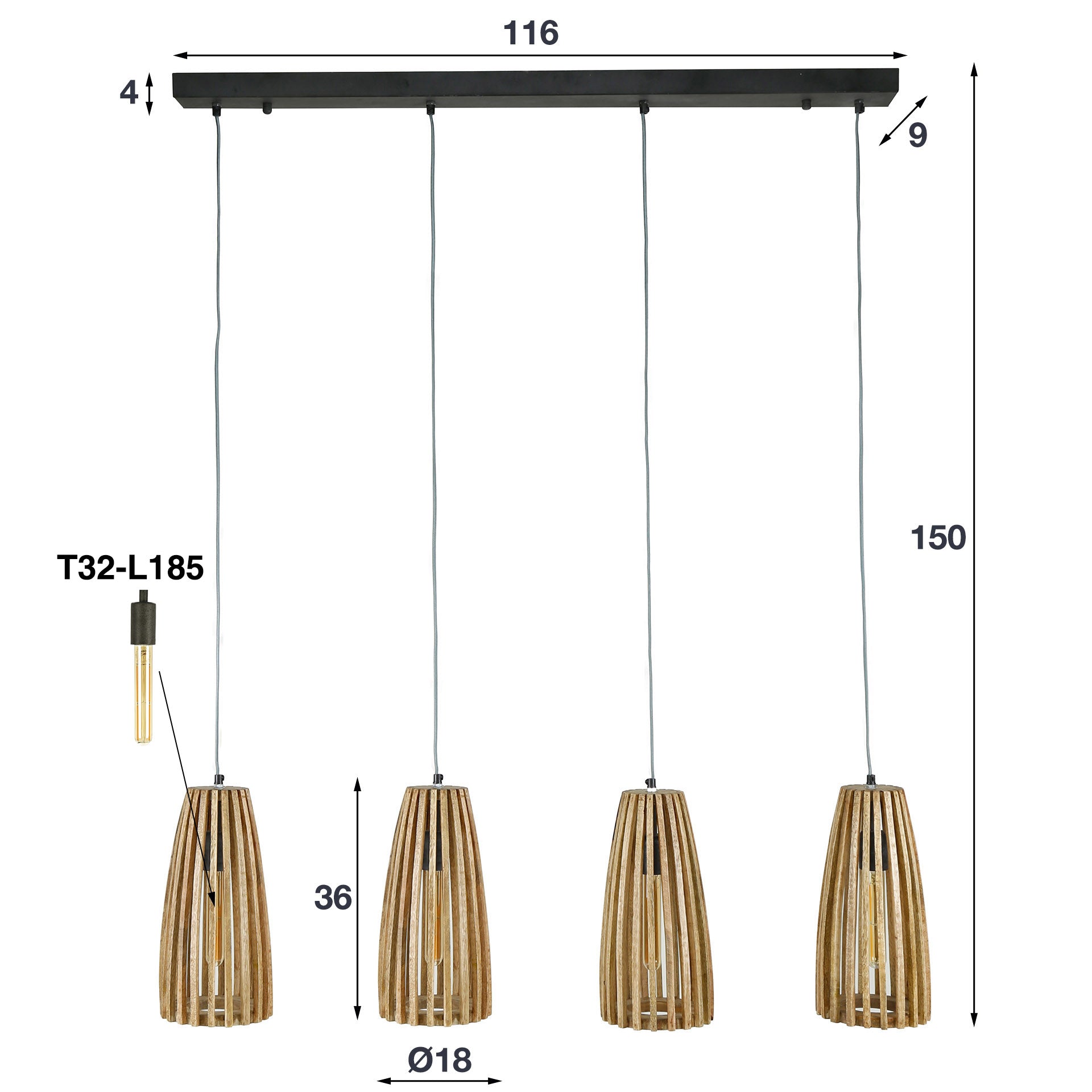 Pendelleuchte „Orenda“ – 4 Leuchten mit Lampenschirmen aus Mangoholz