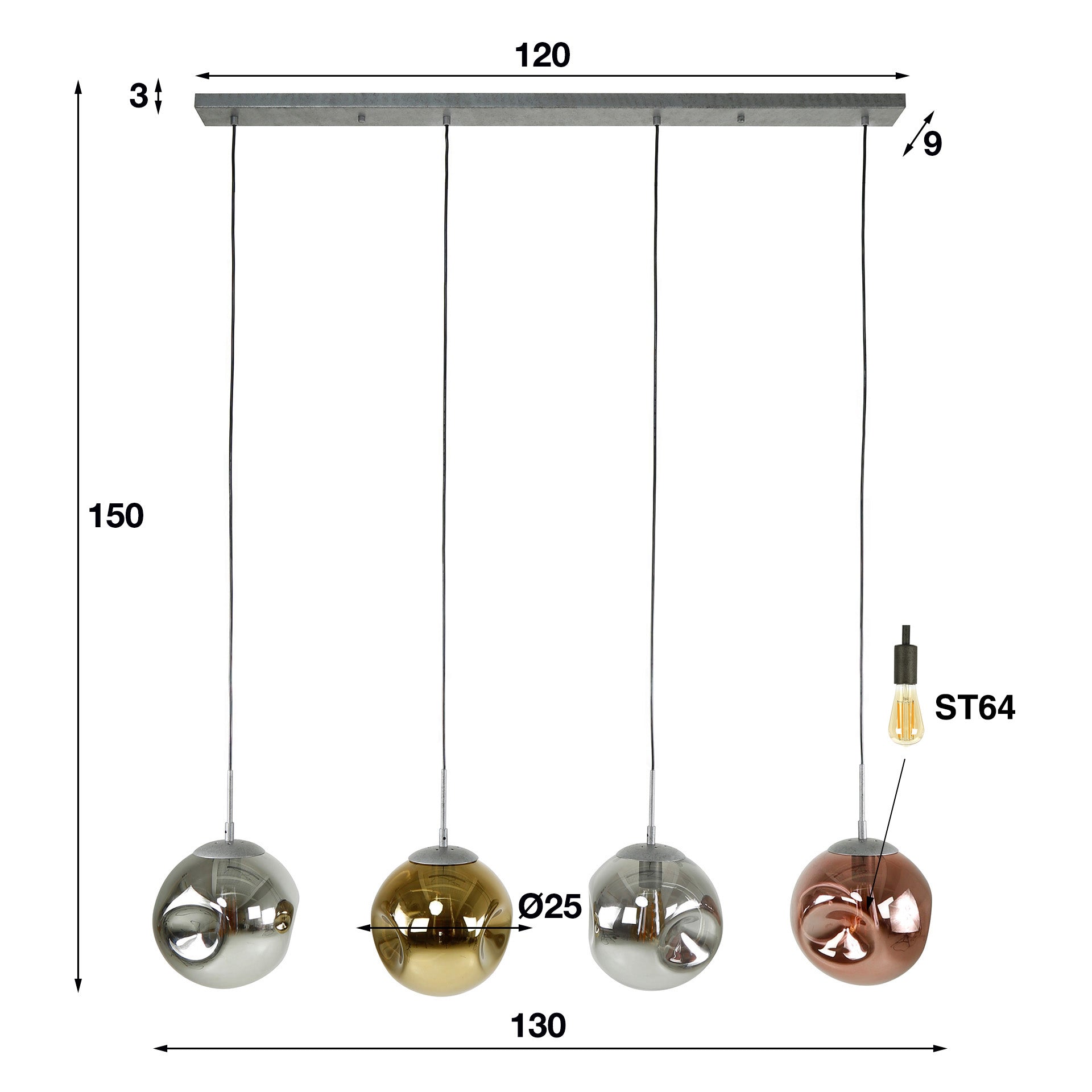 Pendelleuchte „Virelli“ – 4 Leuchten in der Metall-Farbkombination Gold, Kupfer und Chrom
