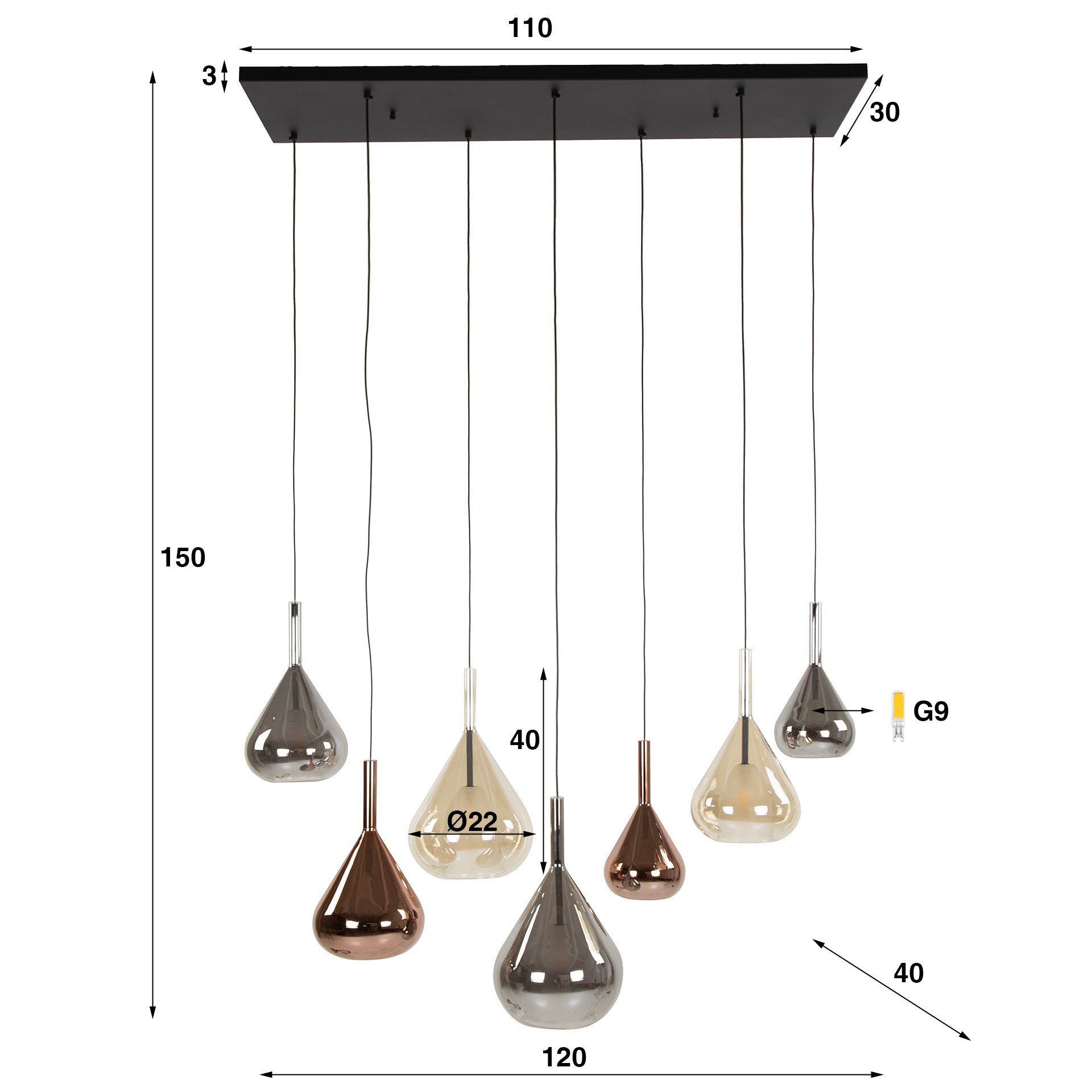 Pendelleuchte "Lumora“ – 7 tropfenförmige Glasschirme in Bernstein, Kupfer und Chrom