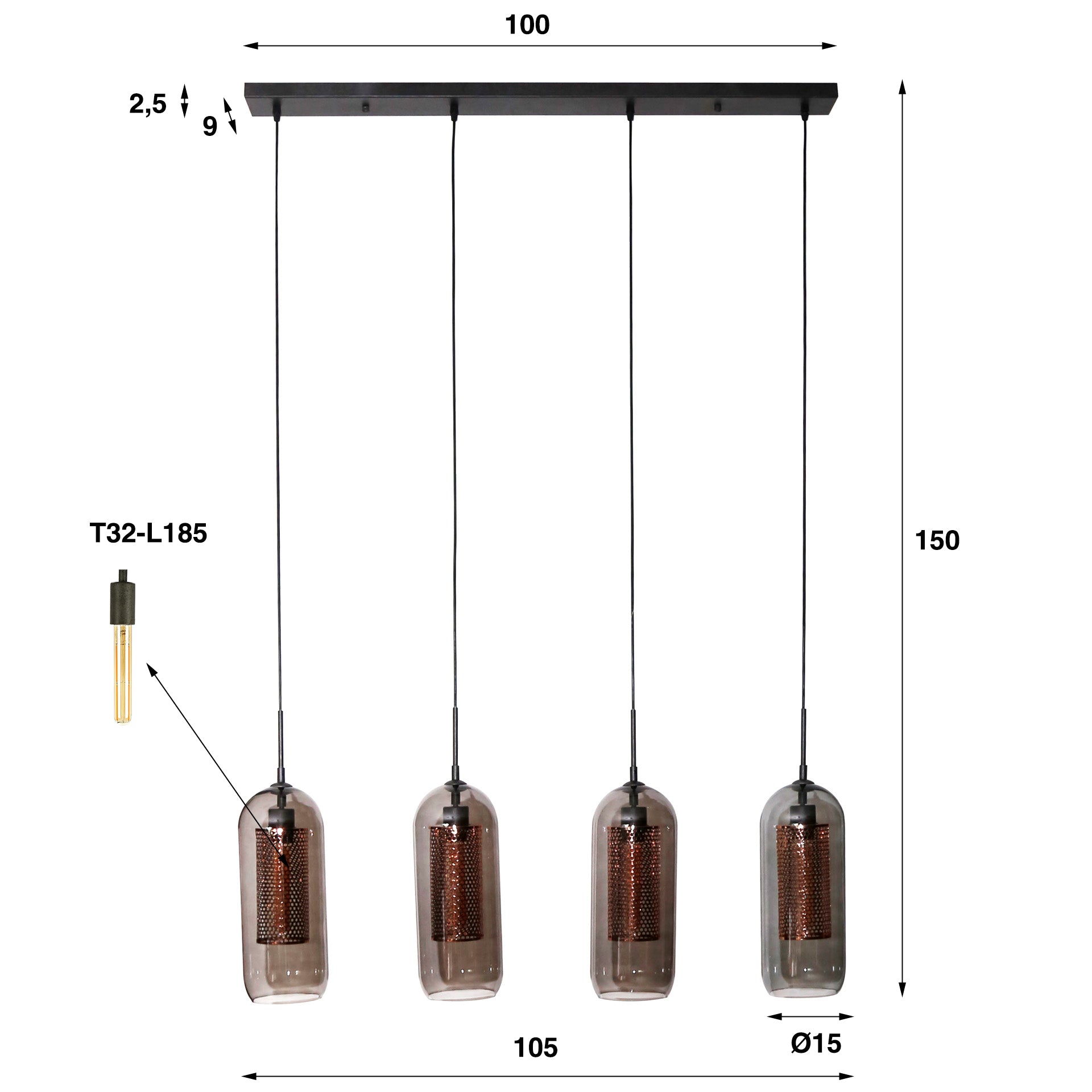 Pendelleuchte „Rivella“ – Mat 4 Luuchten am Räucherglas-Mesh-Design mat zylindresche Kupergitter-Schirmer